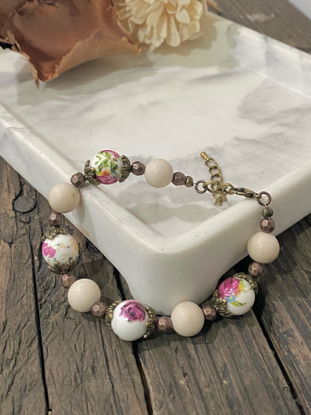 Vintage Inspired Floral Bead Bracelet, Antique Bronze Adjustable Chain